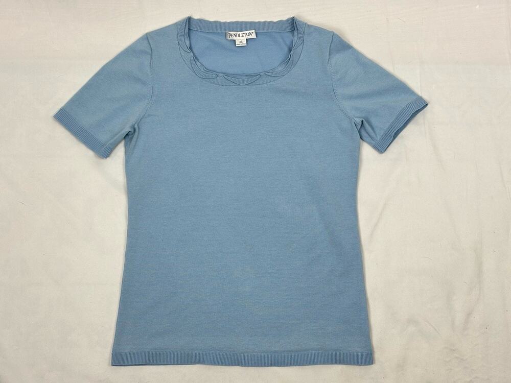 PENDLETON Lt Blue Short Sleeve Sweater Women's XS Scalloped Neckline Knit Silk